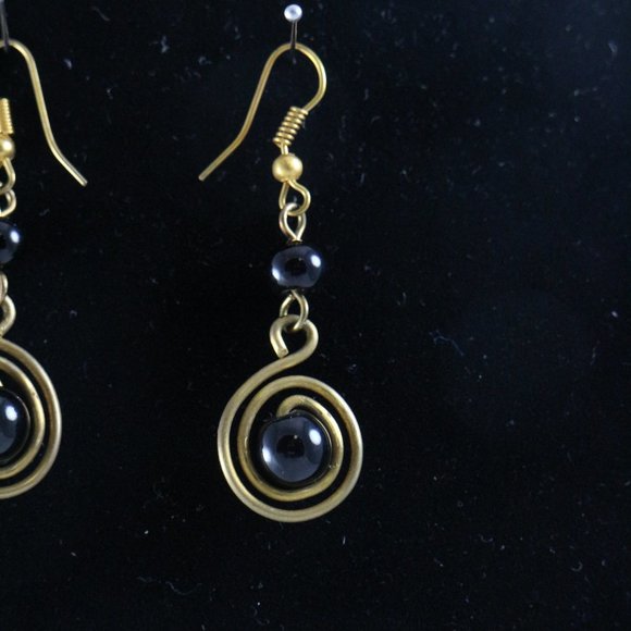 Handmade East African Brass Blue Ceramic Beaded Drop Earrings Pair - Picture 2 of 4